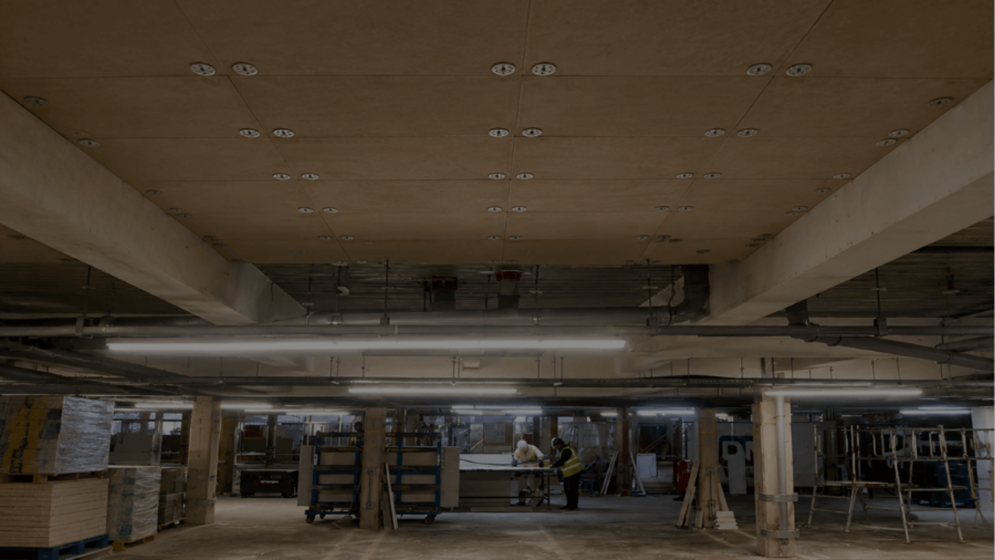 PYROFORT® soffit liner system installed beneath the concrete soffit of a multi-storey car park